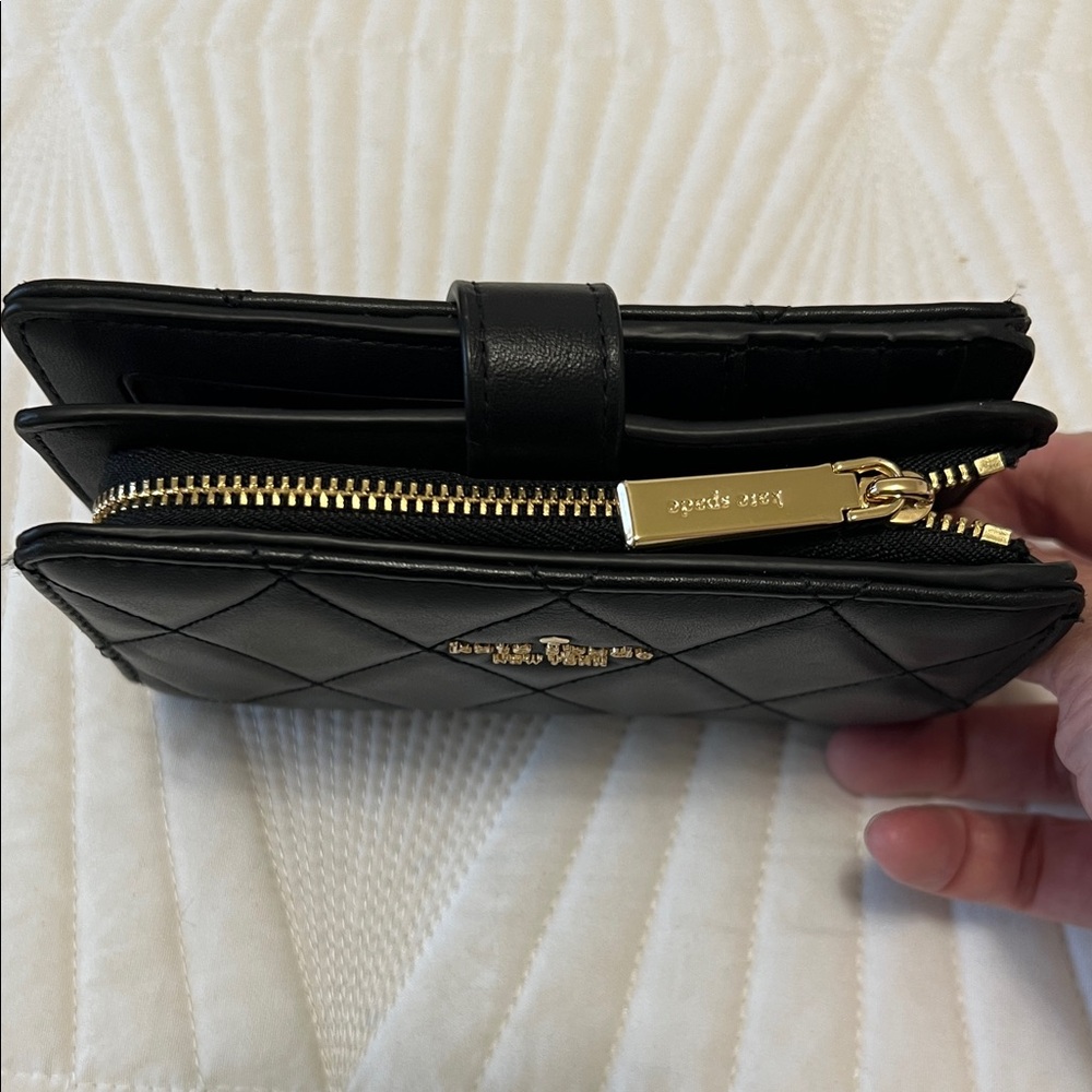 kate spade Quilted Black Leather Compact Wallet with Gold Logo - Picture 3 of 9